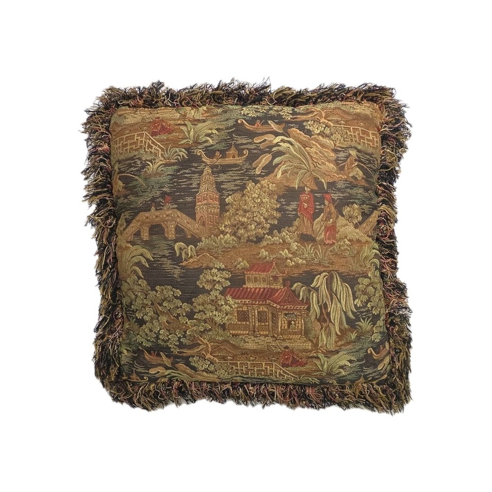 Tapestry Pillow‎ Kyoto Black Fringe Chinoiserie 20" X 20" Handmade Decorator
